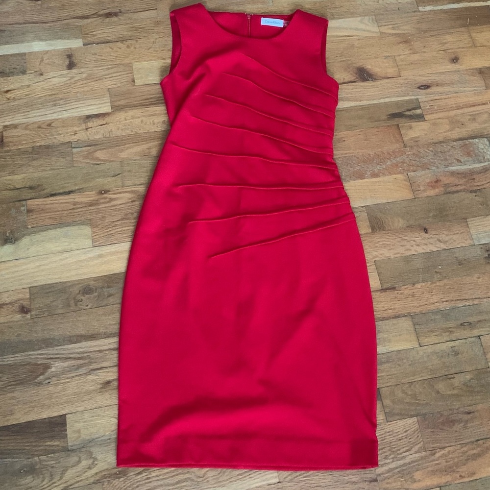 Calvin Klein Red Sheath Dress with Draped Front Detail
